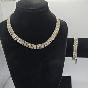 Vintage Rhinestone Silver Necklace and Bracelet Set